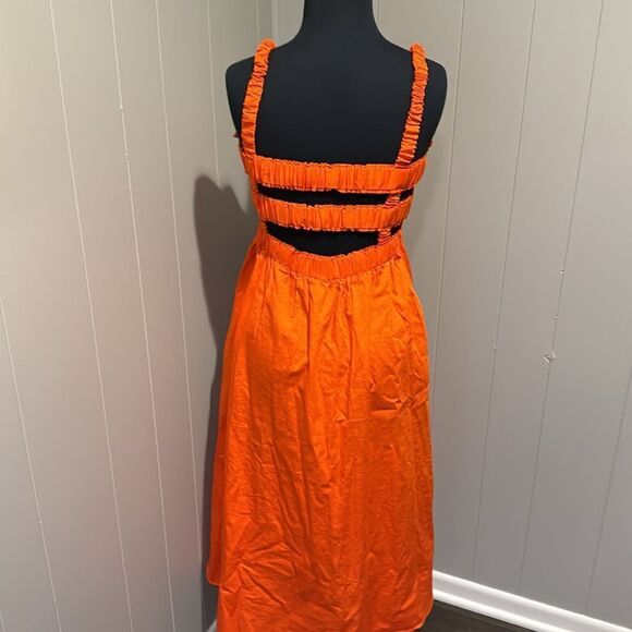 Topshop bright orange elastic strappy smocked ruffle bodice 100% cotton midi. - Picture 5 of 7